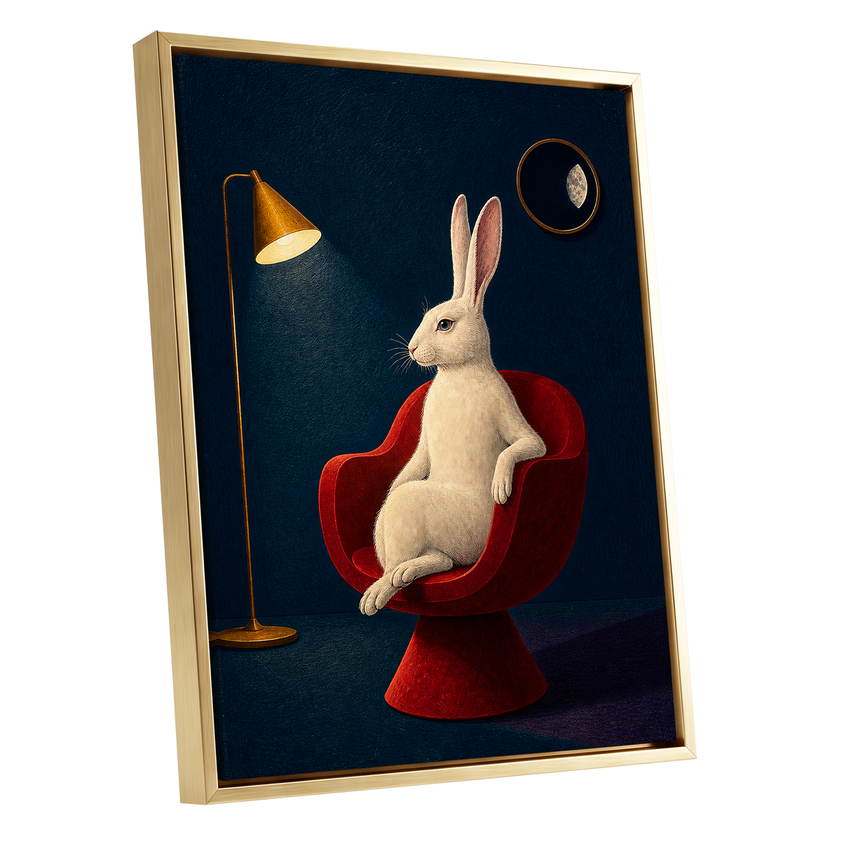 Rabbit After Hours, blue, red, beige minimalist wall art shown as a gold framed canvas wall art
