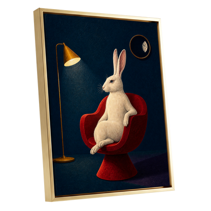 Rabbit After Hours, blue, red, beige minimalist wall art shown as a gold framed canvas wall art