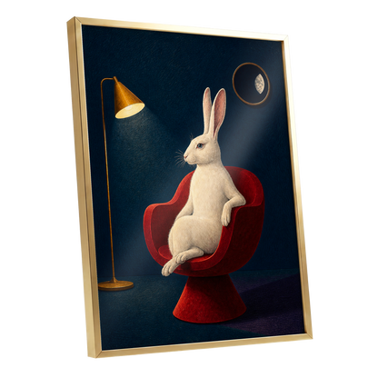 Rabbit After Hours, blue, red, beige minimalist wall art shown as a gold framed poster wall art print