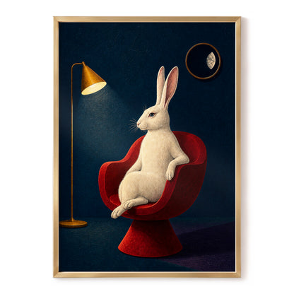 Rabbit After Hours, blue, red, beige minimalist wall art, front artwork view