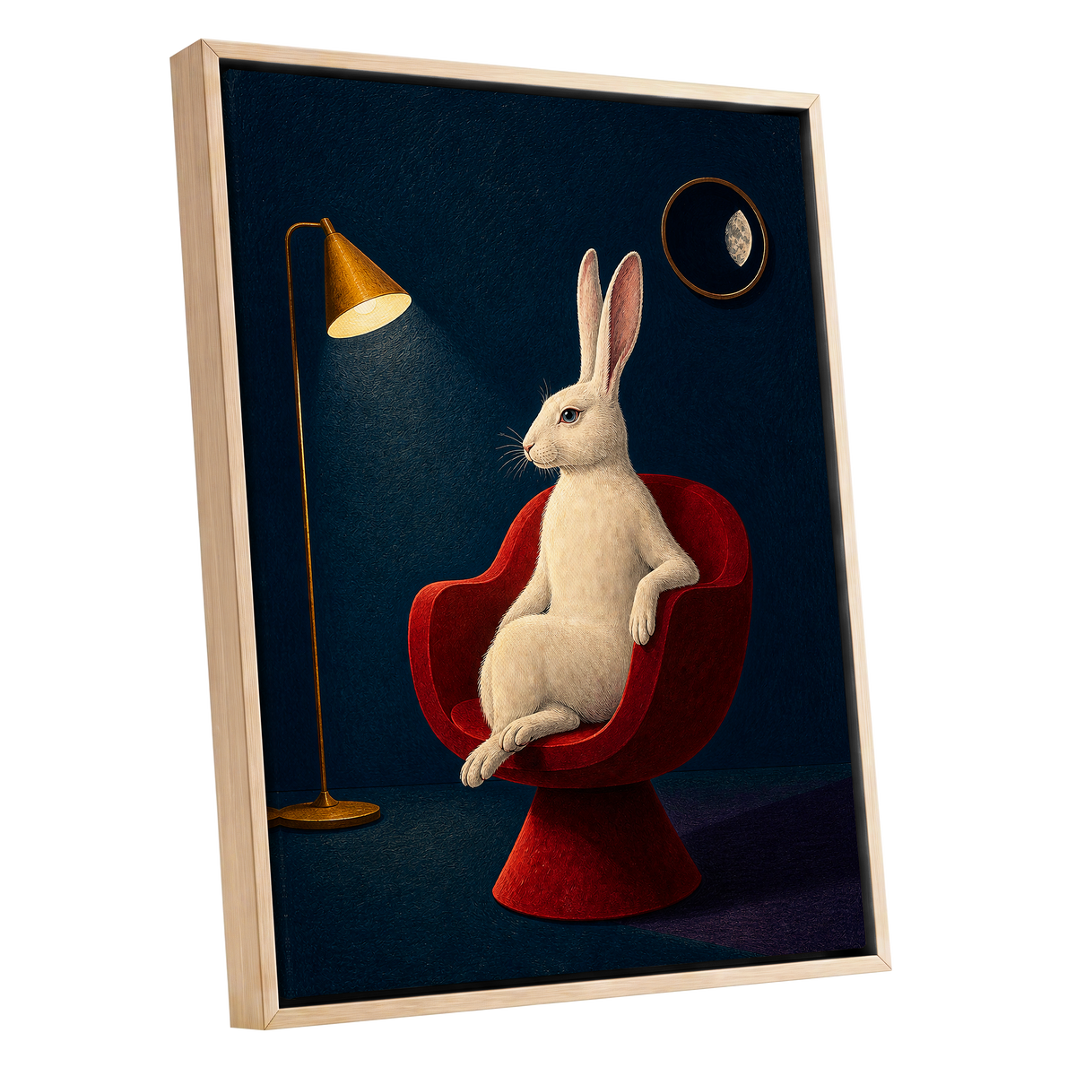 Rabbit After Hours, blue, red, beige minimalist wall art shown as a oak framed canvas wall art