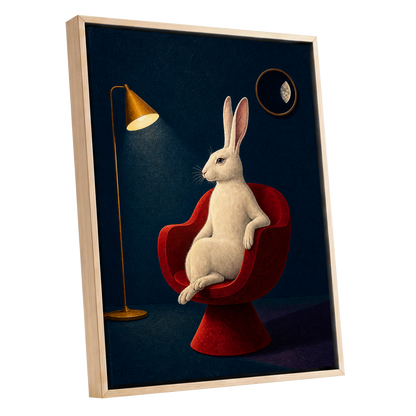 Rabbit After Hours, blue, red, beige minimalist wall art shown as a oak framed canvas wall art