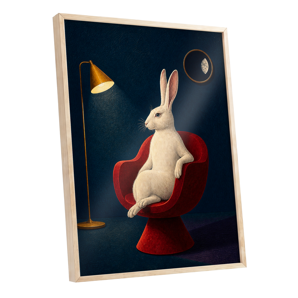 Rabbit After Hours, blue, red, beige minimalist wall art shown as a oak framed poster wall art print