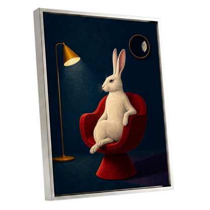 Rabbit After Hours, blue, red, beige minimalist wall art shown as a silver framed canvas wall art