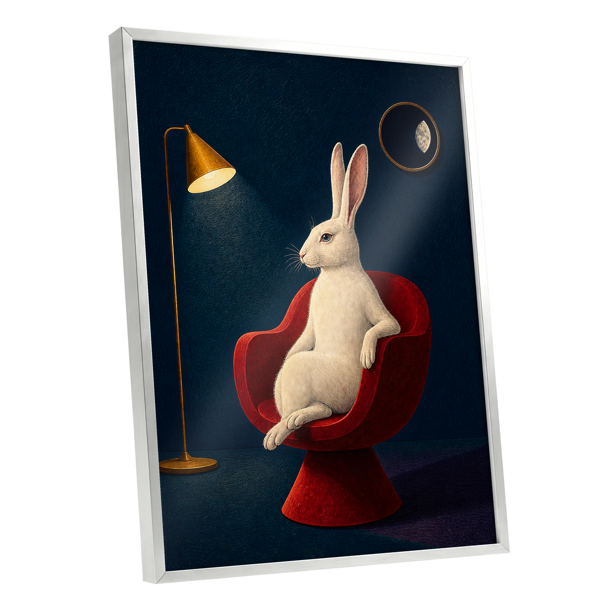Rabbit After Hours, blue, red, beige minimalist wall art shown as a silver framed poster wall art print