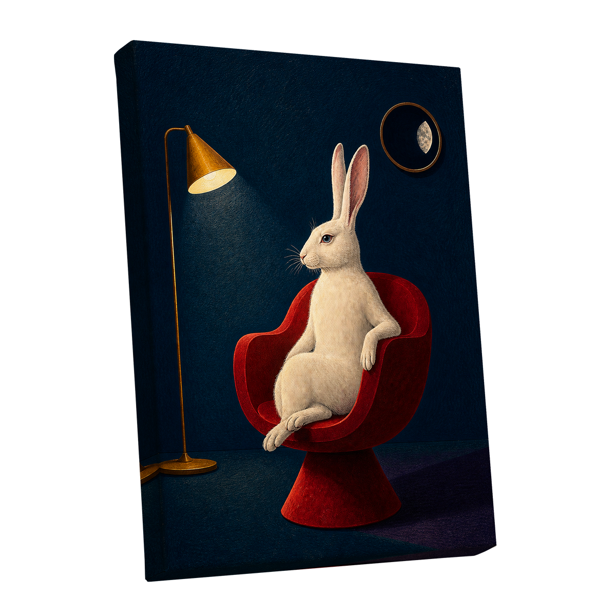 Rabbit After Hours, blue, red, beige minimalist wall art shown as a stretched canvas wall art
