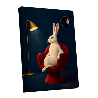 Rabbit After Hours, blue, red, beige minimalist wall art shown as a stretched canvas wall art