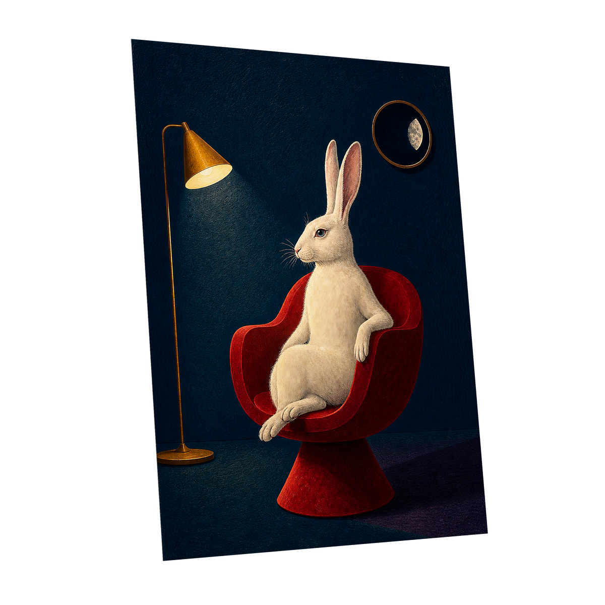 Rabbit After Hours, blue, red, beige minimalist wall art shown as a unframed poster wall art print