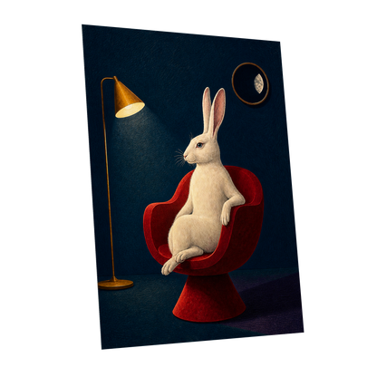 Rabbit After Hours, blue, red, beige minimalist wall art shown as a unframed poster wall art print