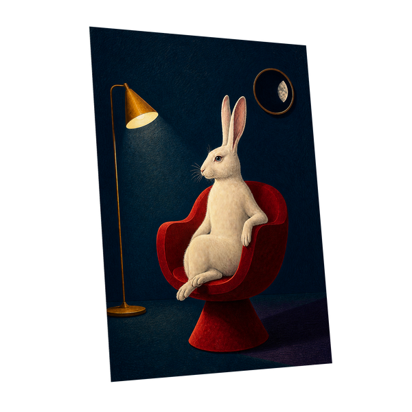 Rabbit After Hours, blue, red, beige minimalist wall art shown as a unframed poster wall art print