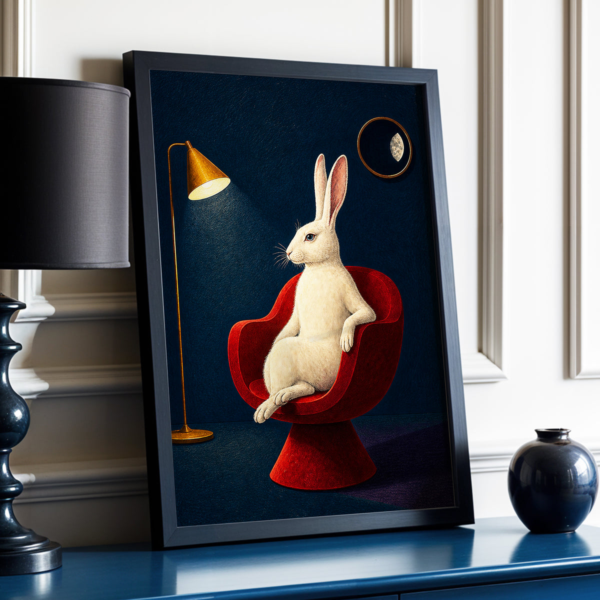 Rabbit After Hours, blue, red, beige minimalist wall art displayed in a styled interior, gallery view 2