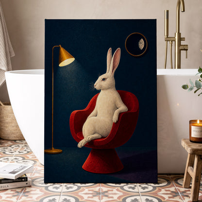Rabbit After Hours, blue, red, beige minimalist wall art displayed in a styled interior, gallery view 3