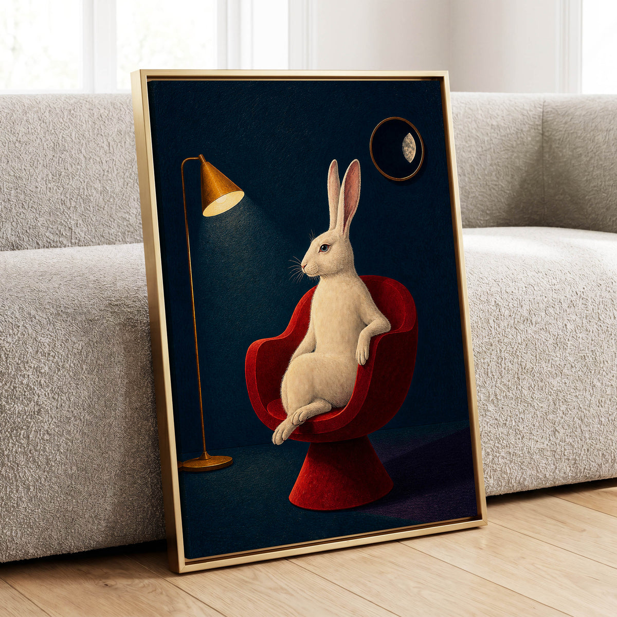 Rabbit After Hours, blue, red, beige minimalist wall art displayed in a styled interior, gallery view 4