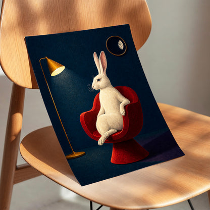 Rabbit After Hours, blue, red, beige minimalist wall art displayed in a styled interior, gallery view 5