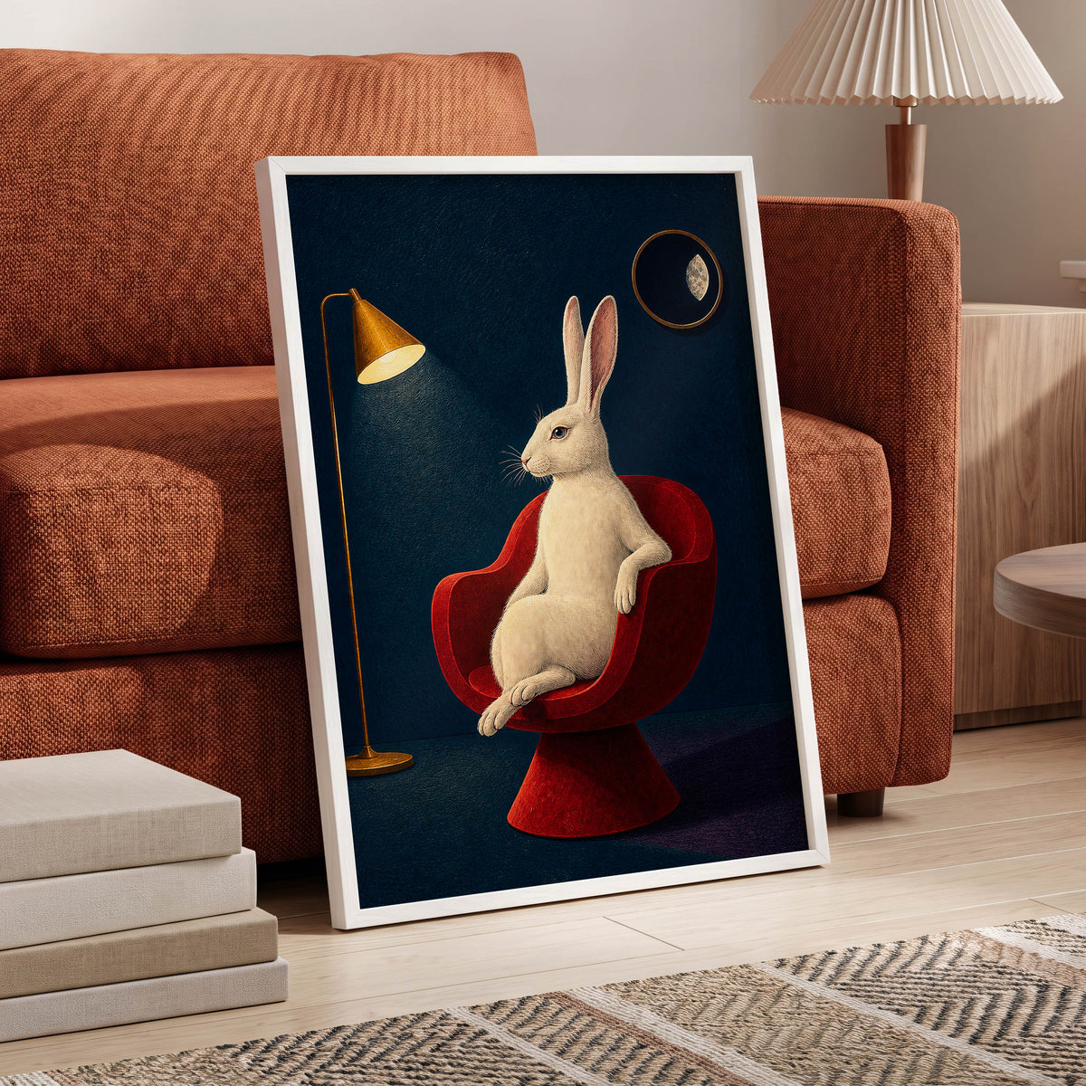 Rabbit After Hours, blue, red, beige minimalist wall art displayed in a styled interior, gallery view 6