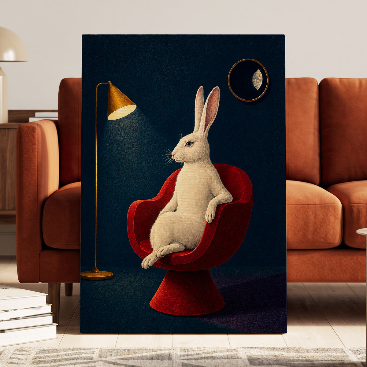 Rabbit After Hours, blue, red, beige minimalist wall art displayed in a styled interior, gallery view 7
