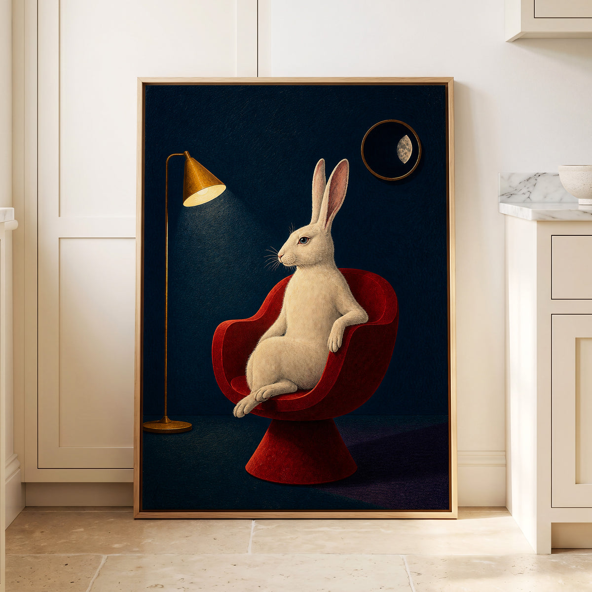 Rabbit After Hours, blue, red, beige minimalist wall art displayed in a styled interior, gallery view 8