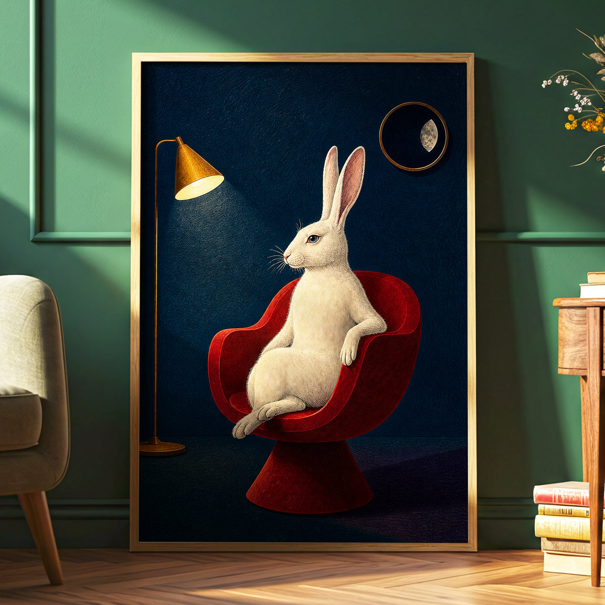 Rabbit After Hours, blue, red, beige minimalist wall art displayed in a styled interior, gallery view 9