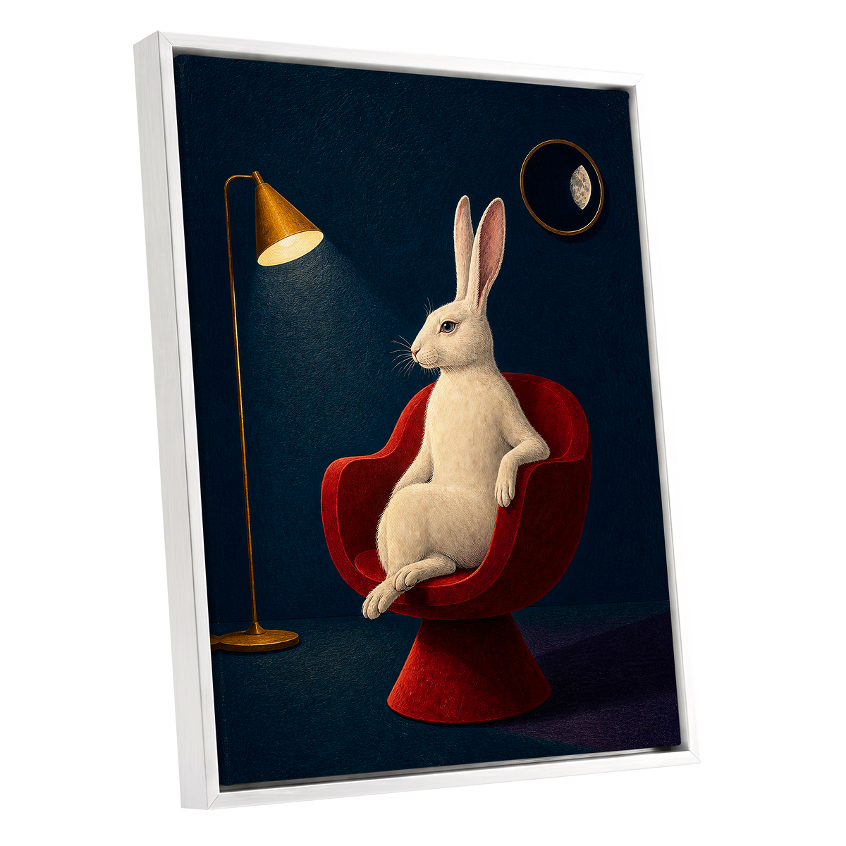 Rabbit After Hours, blue, red, beige minimalist wall art shown as a white framed canvas wall art