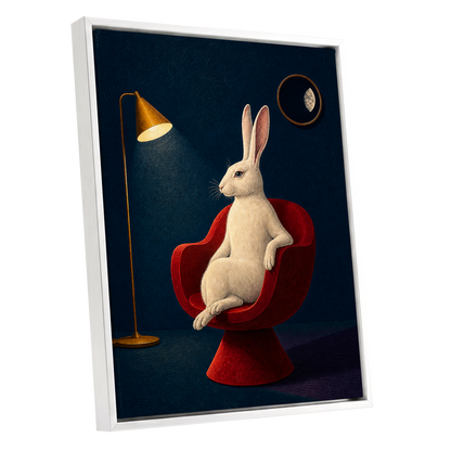 Rabbit After Hours, blue, red, beige minimalist wall art shown as a white framed canvas wall art