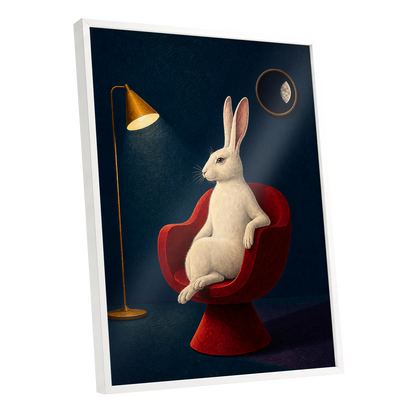 Rabbit After Hours, blue, red, beige minimalist wall art shown as a white framed poster wall art print