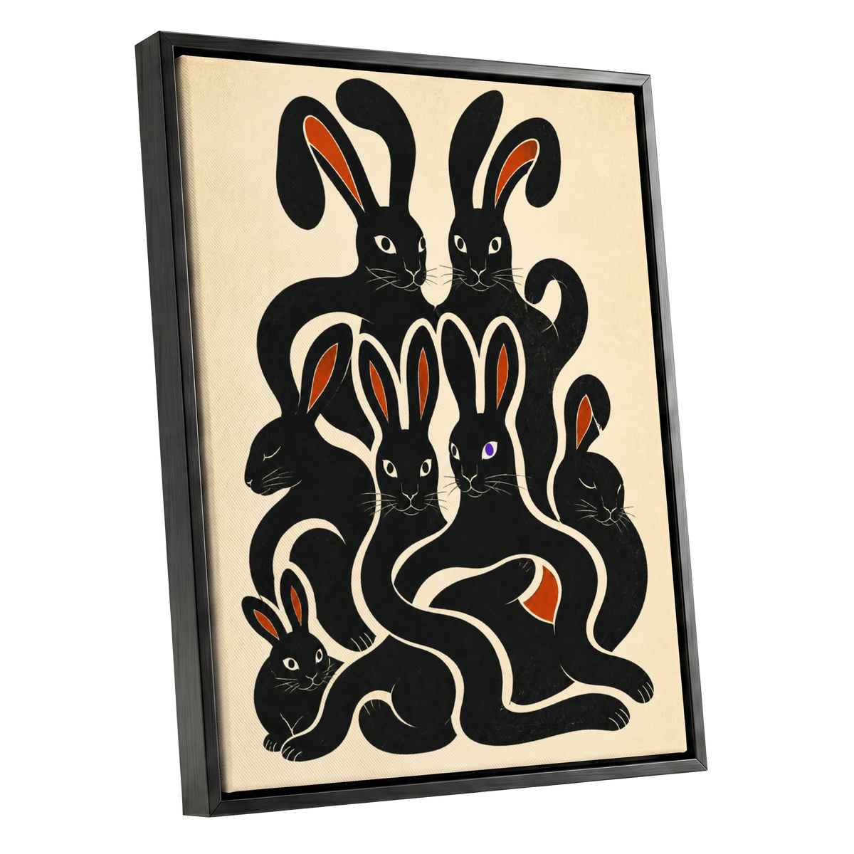 Rabbit Rhapsody, black, beige, orange nature wall art shown as a black framed canvas wall art