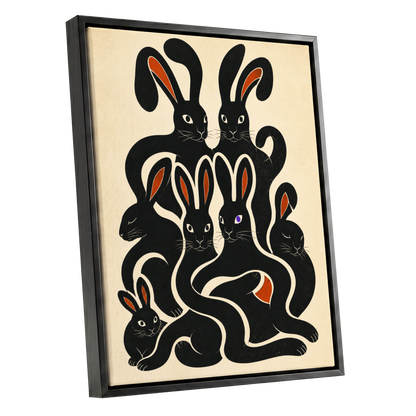 Rabbit Rhapsody, black, beige, orange nature wall art shown as a black framed canvas wall art