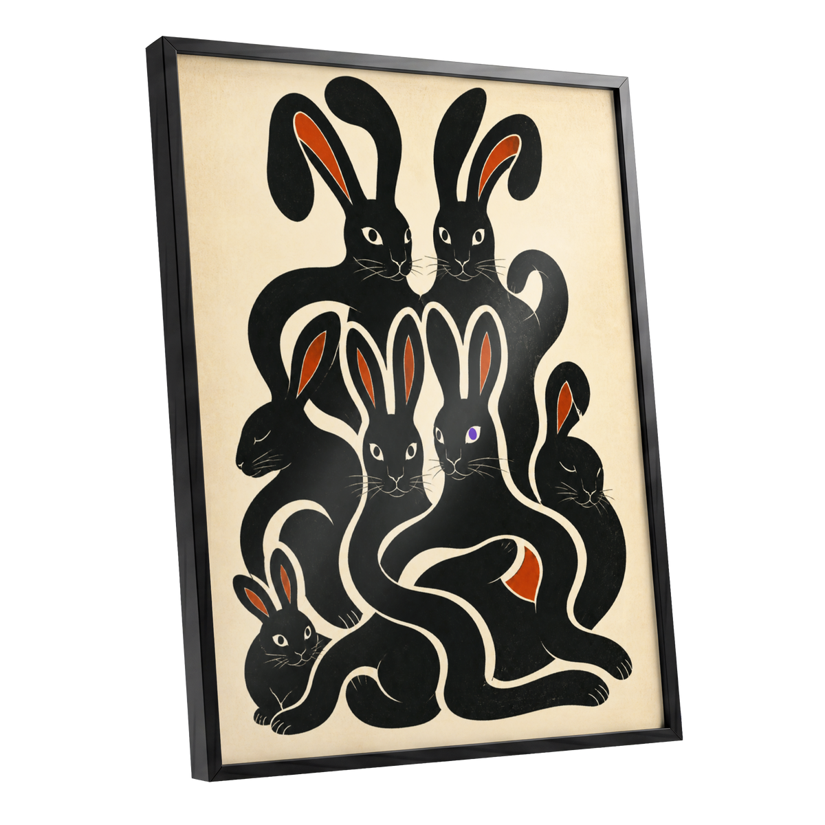 Rabbit Rhapsody, black, beige, orange nature wall art shown as a black framed poster wall art print
