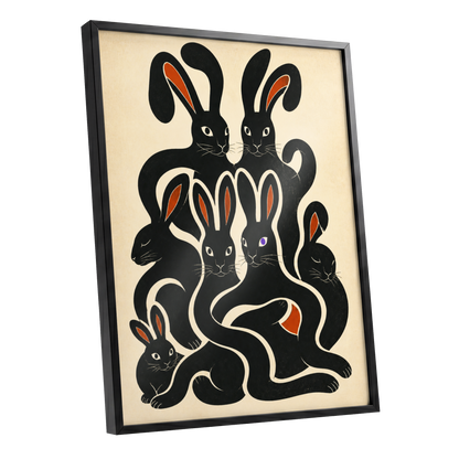 Rabbit Rhapsody, black, beige, orange nature wall art shown as a black framed poster wall art print