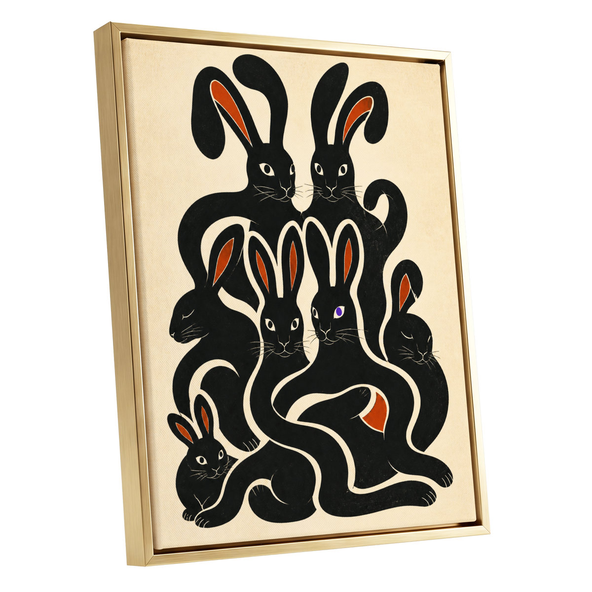 Rabbit Rhapsody, black, beige, orange nature wall art shown as a gold framed canvas wall art