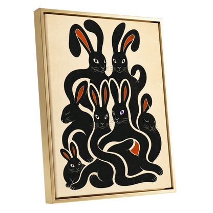Rabbit Rhapsody, black, beige, orange nature wall art shown as a gold framed canvas wall art