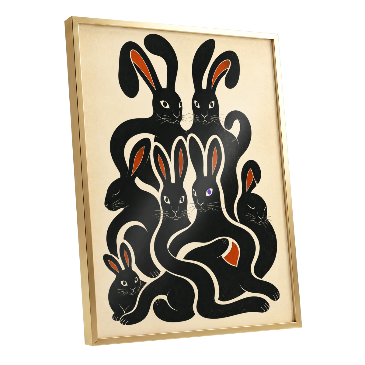 Rabbit Rhapsody, black, beige, orange nature wall art shown as a gold framed poster wall art print