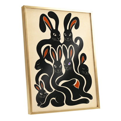 Rabbit Rhapsody, black, beige, orange nature wall art shown as a gold framed poster wall art print