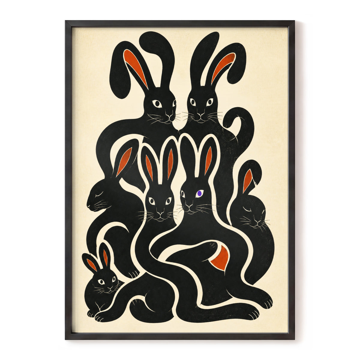 Rabbit Rhapsody, black, beige, orange nature wall art, front artwork view