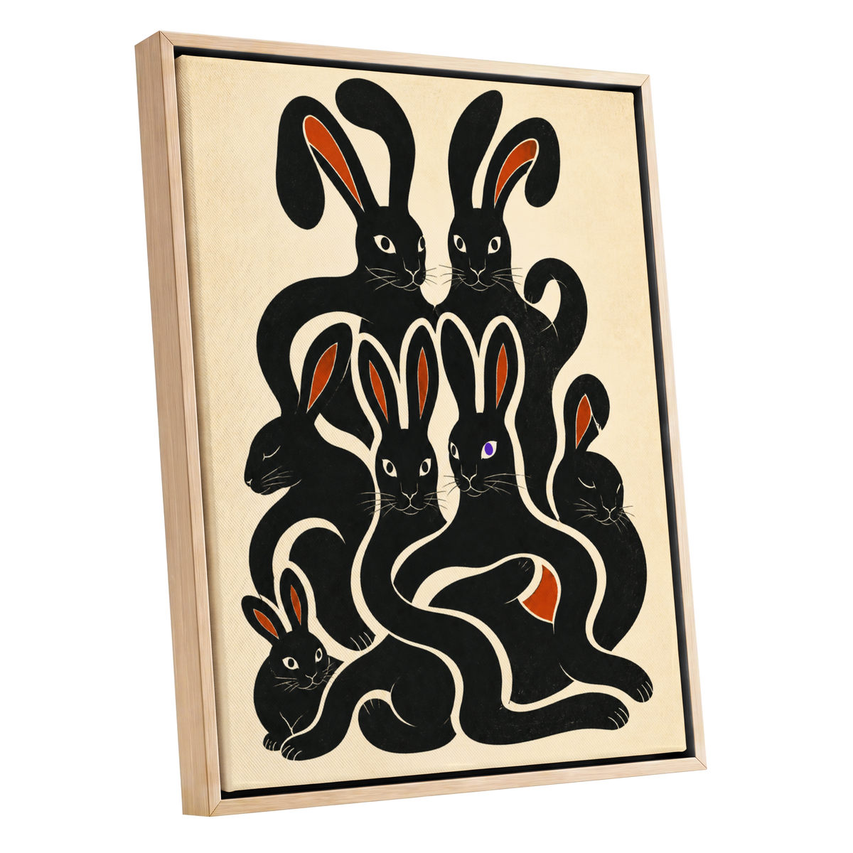 Rabbit Rhapsody, black, beige, orange nature wall art shown as a oak framed canvas wall art