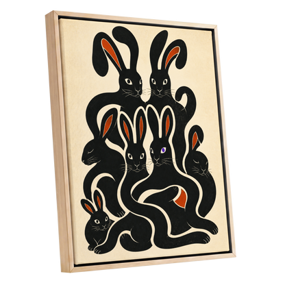 Rabbit Rhapsody, black, beige, orange nature wall art shown as a oak framed canvas wall art