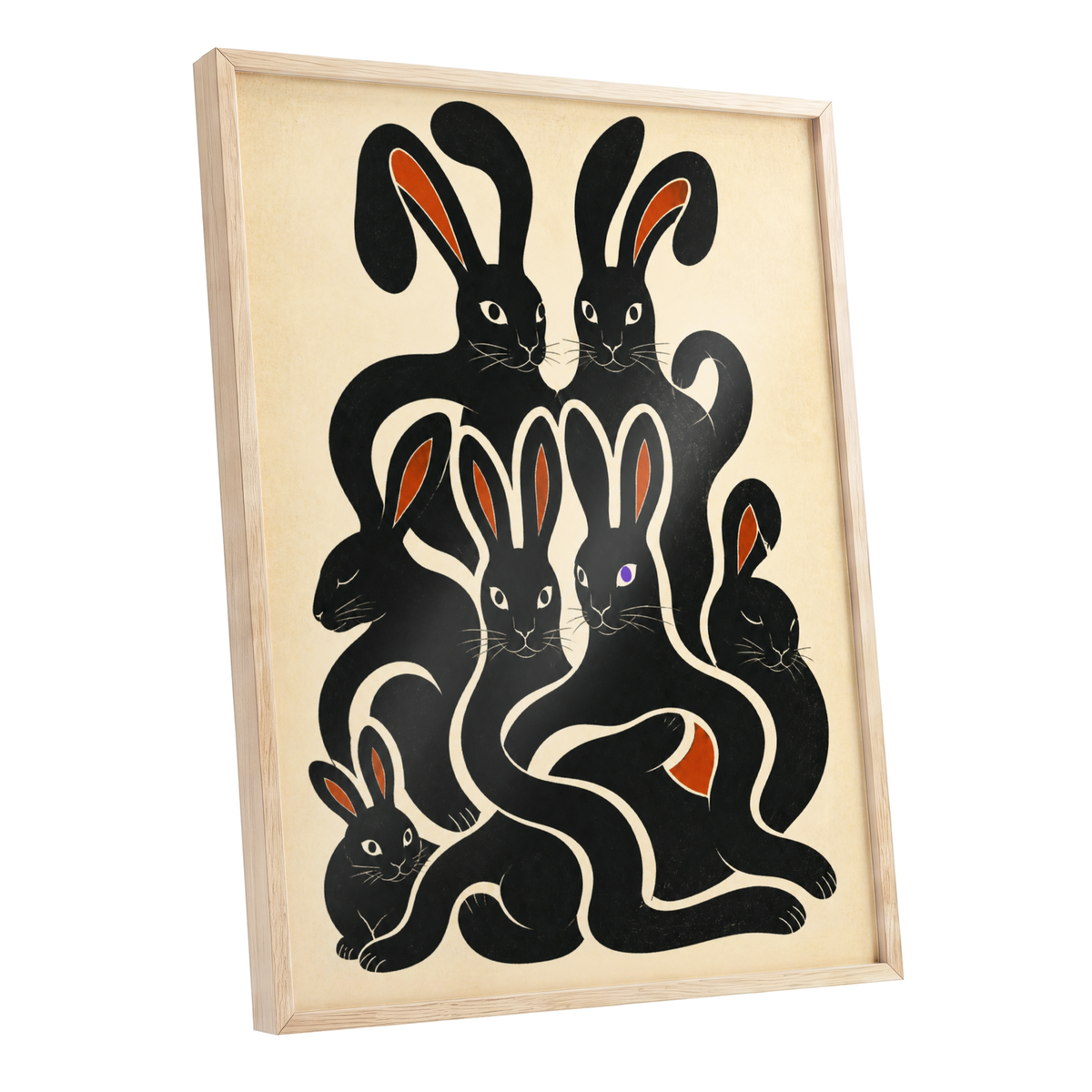 Rabbit Rhapsody, black, beige, orange nature wall art shown as a oak framed poster wall art print