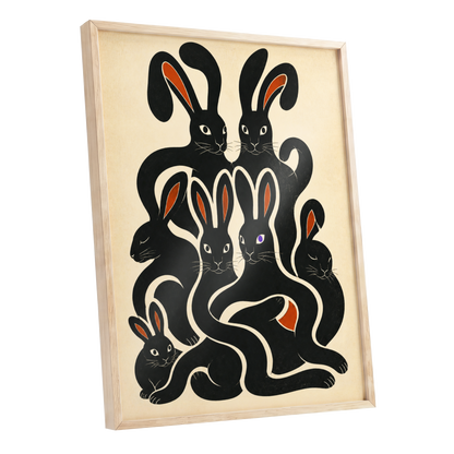 Rabbit Rhapsody, black, beige, orange nature wall art shown as a oak framed poster wall art print