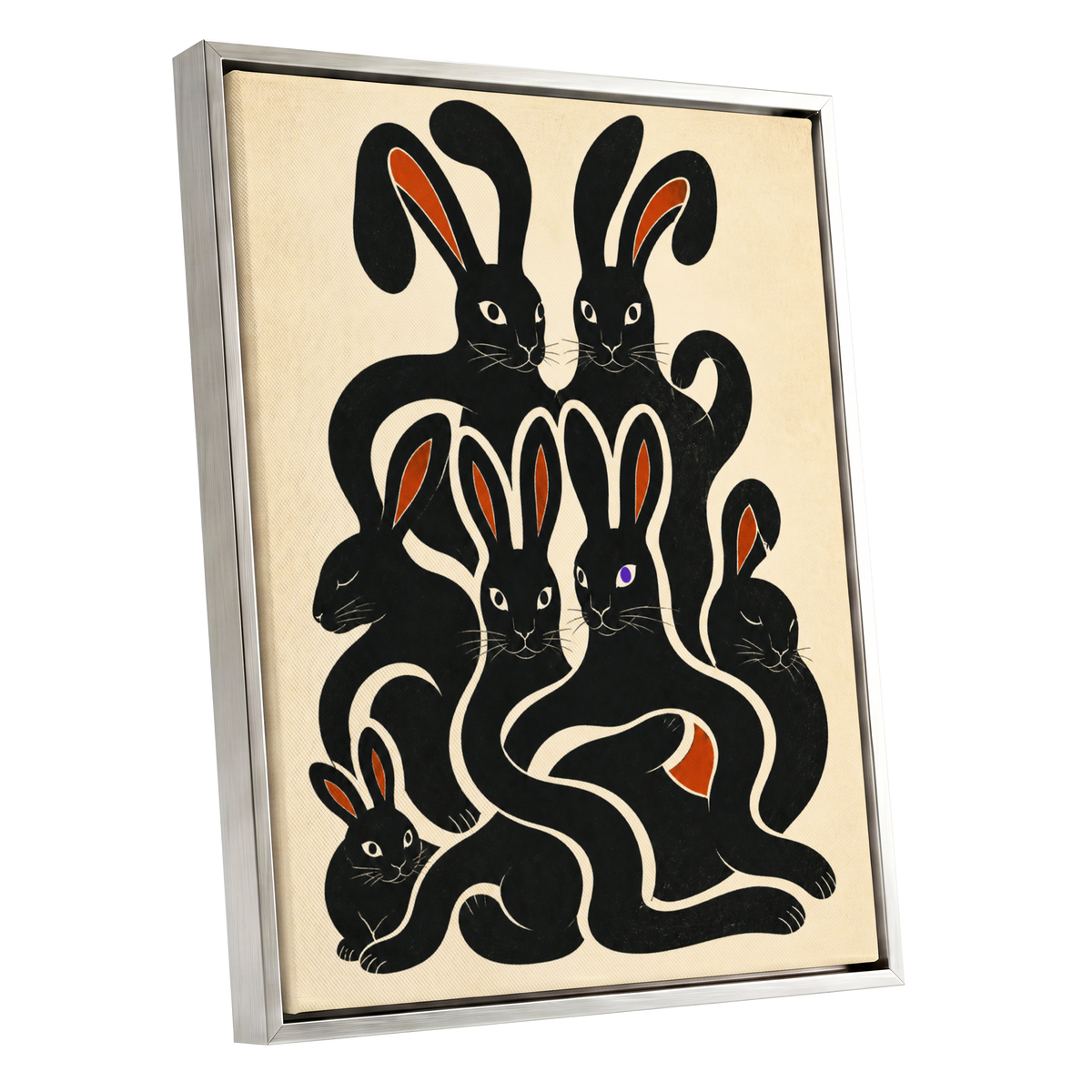 Rabbit Rhapsody, black, beige, orange nature wall art shown as a silver framed canvas wall art