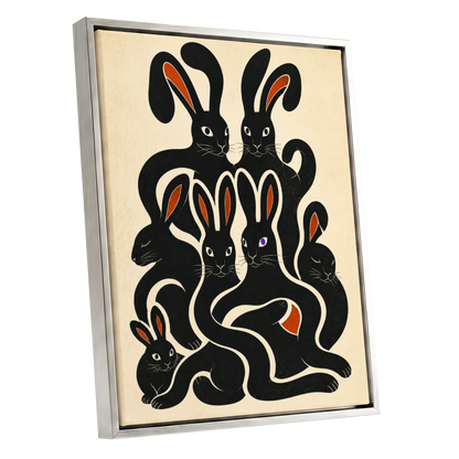 Rabbit Rhapsody, black, beige, orange nature wall art shown as a silver framed canvas wall art