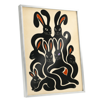 Rabbit Rhapsody, black, beige, orange nature wall art shown as a silver framed poster wall art print
