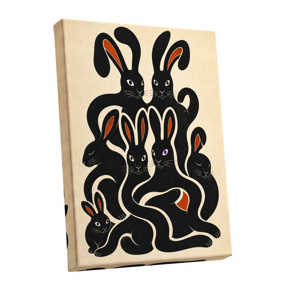 Rabbit Rhapsody, black, beige, orange nature wall art shown as a stretched canvas wall art