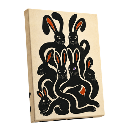 Rabbit Rhapsody, black, beige, orange nature wall art shown as a stretched canvas wall art