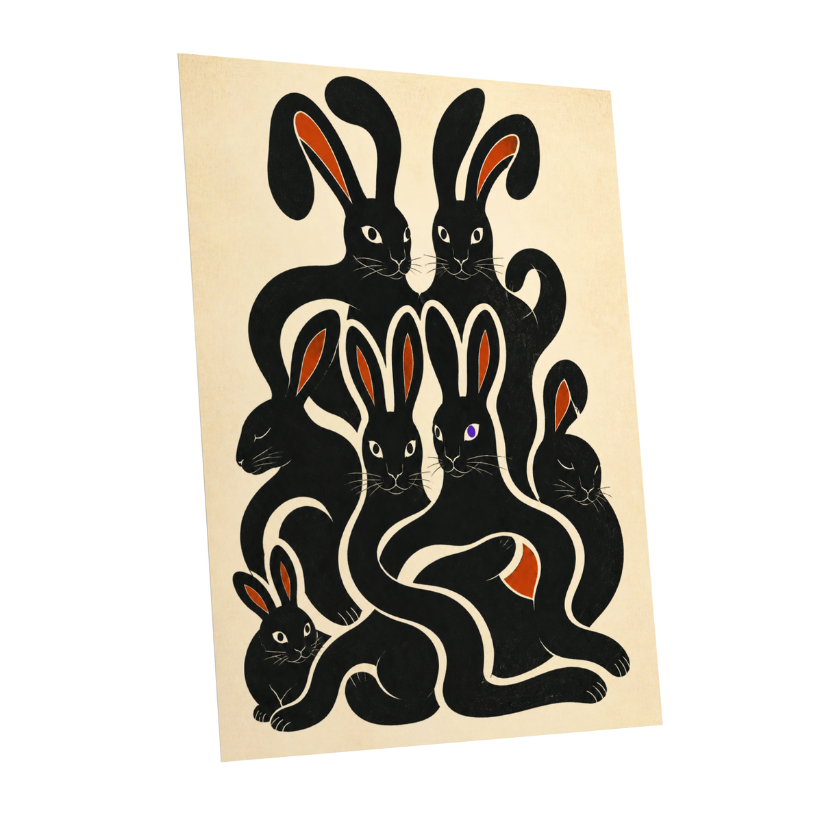 Rabbit Rhapsody, black, beige, orange nature wall art shown as a unframed poster wall art print