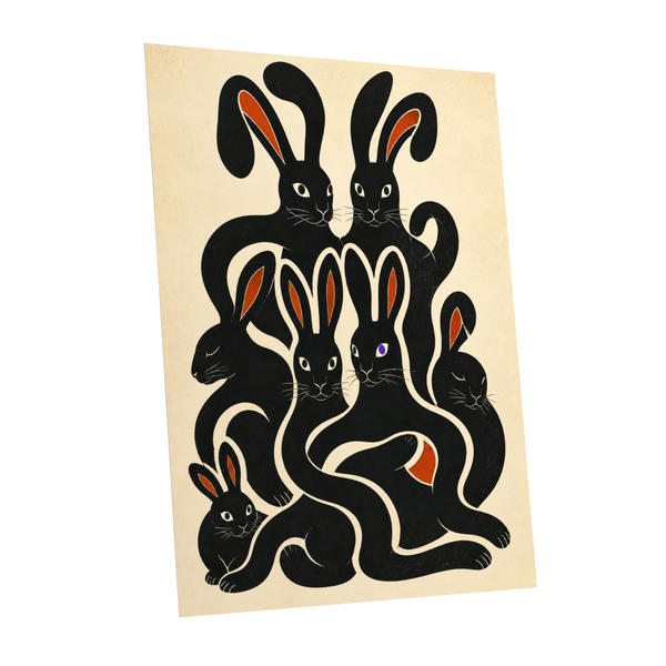 Rabbit Rhapsody, black, beige, orange nature wall art shown as a unframed poster wall art print