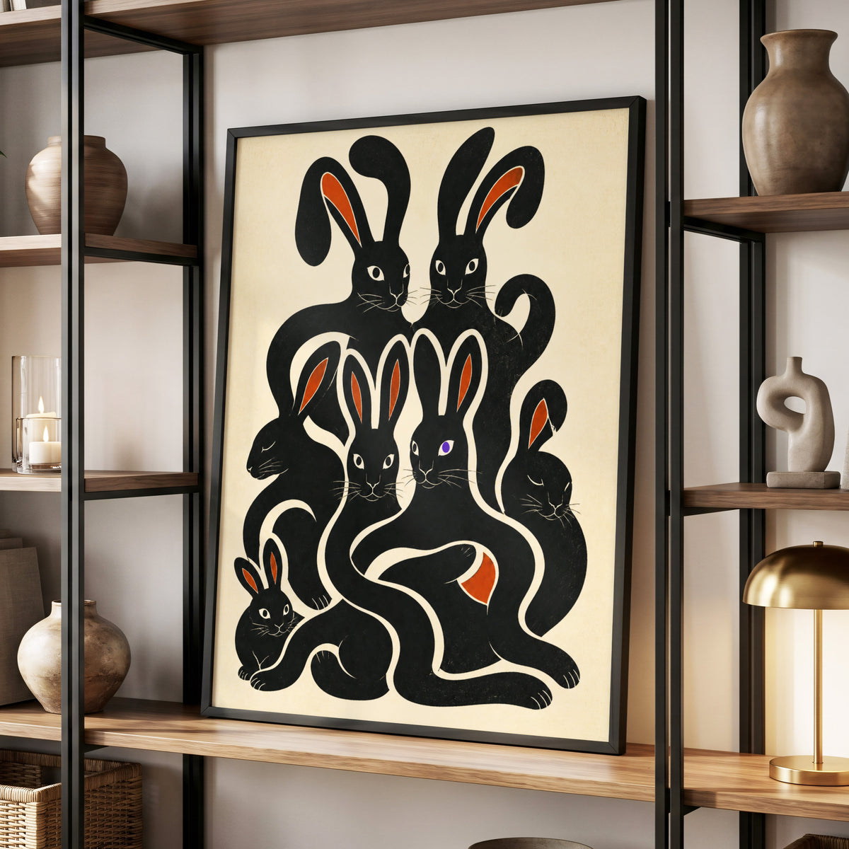 Rabbit Rhapsody, black, beige, orange nature wall art displayed in a styled interior, gallery view 2