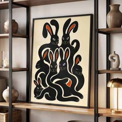 Rabbit Rhapsody, black, beige, orange nature wall art displayed in a styled interior, gallery view 2