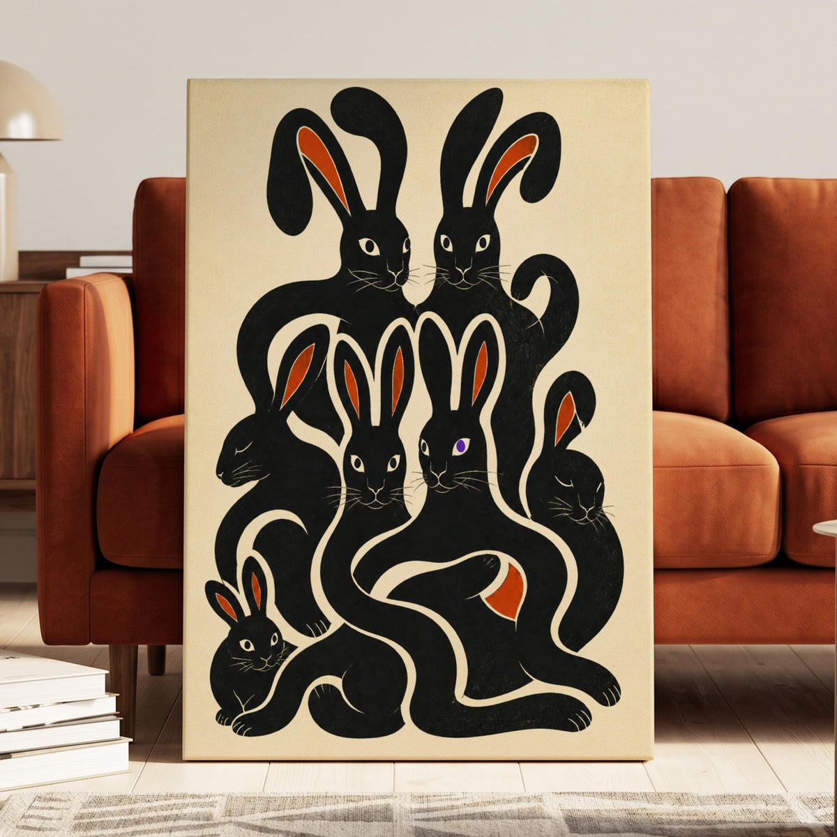 Rabbit Rhapsody, black, beige, orange nature wall art displayed in a styled interior, gallery view 3
