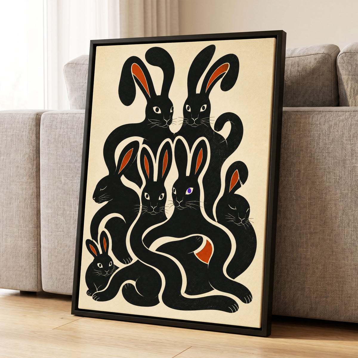Rabbit Rhapsody, black, beige, orange nature wall art displayed in a styled interior, gallery view 4