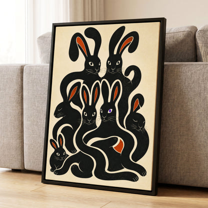 Rabbit Rhapsody, black, beige, orange nature wall art displayed in a styled interior, gallery view 4